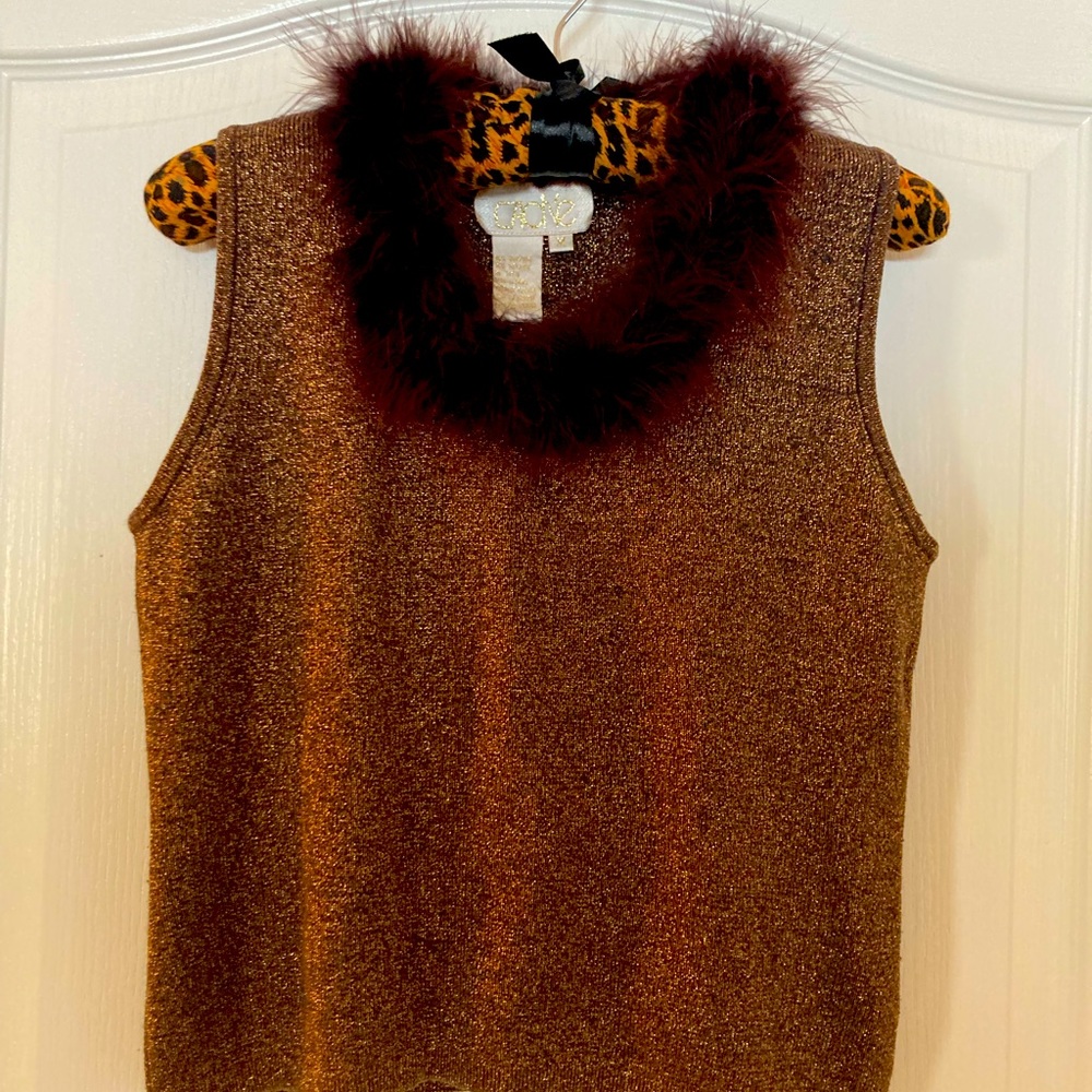 CACHE Top Metallic Cooper Gold & Brown Silk Knit Top Brown Feather Neckline SZ M